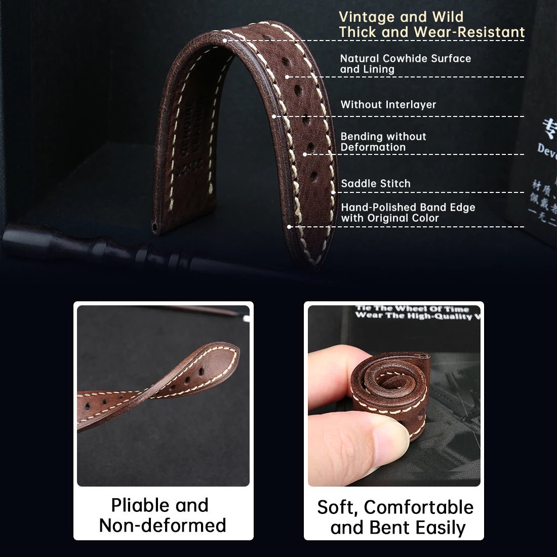 MAIKES Full Grain Cow Leather Strap Men's Vintage Watch Bracelet Handmade Accessories For Omega Hamilton watch band