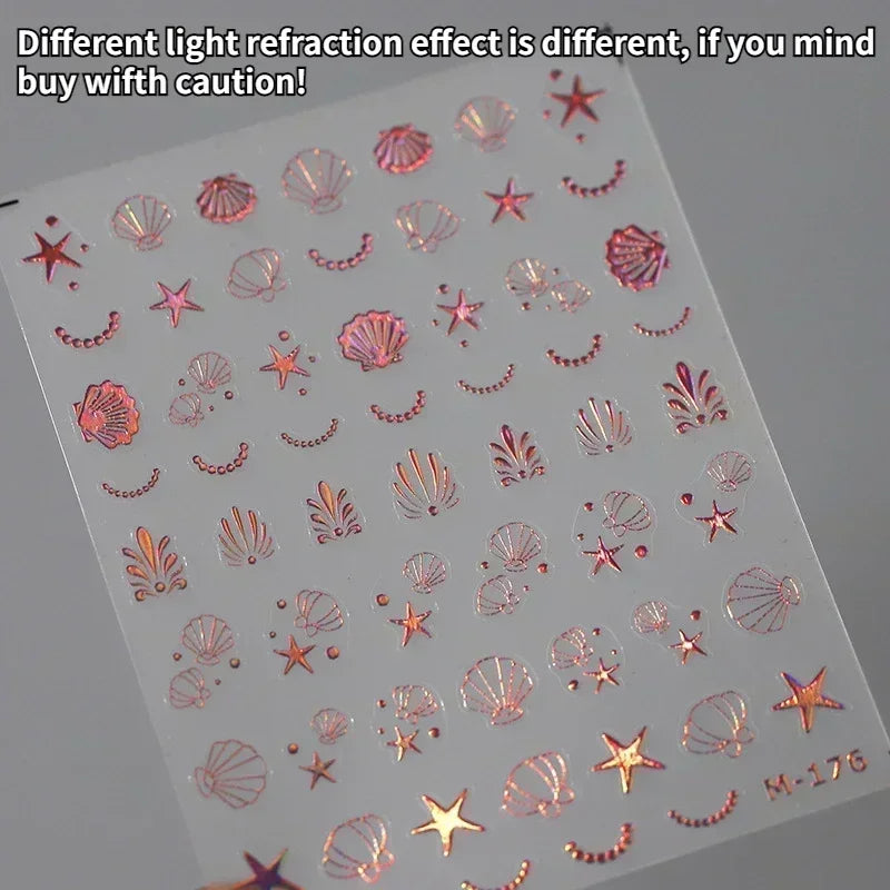Shiny Gold Shell Starfish Conch Whale Sea Star Scallop Coral 5D Bowknot Adhesive Nail Art Sticker Summer Beach Manicure Decal