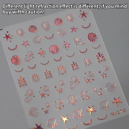 Shiny Gold Shell Starfish Conch Whale Sea Star Scallop Coral 5D Bowknot Adhesive Nail Art Sticker Summer Beach Manicure Decal