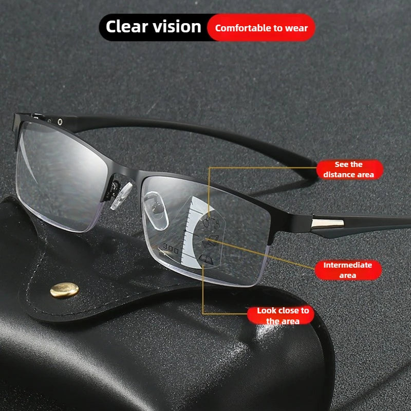 Men's Metal Half Frame Progressive Multifocal Presbyopia Glasses Square Large Frame Anti-blue Light Business Reading Glasses