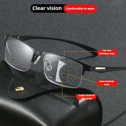 Men's Metal Half Frame Progressive Multifocal Presbyopia Glasses Square Large Frame Anti-blue Light Business Reading Glasses
