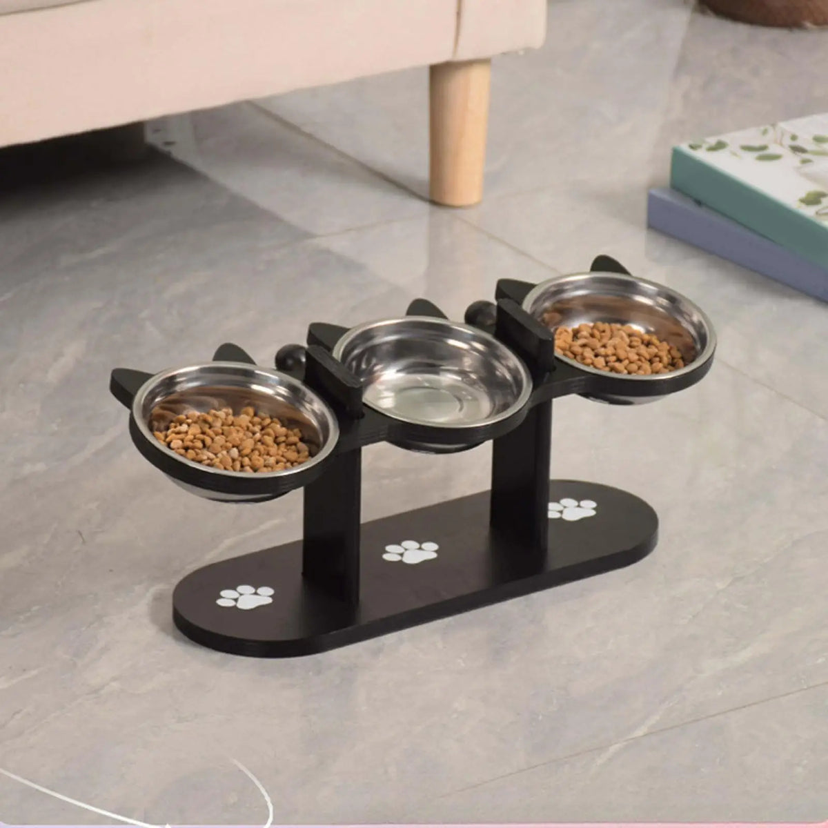 Elevated Cat Food Bowl with Black Wooden Support Frame Stainless Steel Cats Bowls 15° Stand Sloped Feeding & Watering Supplies