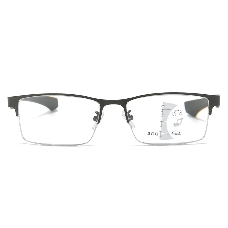 Men's Metal Half Frame Progressive Multifocal Presbyopia Glasses Square Large Frame Anti-blue Light Business Reading Glasses