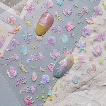Shiny Gold Shell Starfish Conch Whale Sea Star Scallop Coral 5D Bowknot Adhesive Nail Art Sticker Summer Beach Manicure Decal