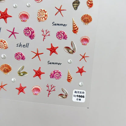 Shiny Gold Shell Starfish Conch Whale Sea Star Scallop Coral 5D Bowknot Adhesive Nail Art Sticker Summer Beach Manicure Decal