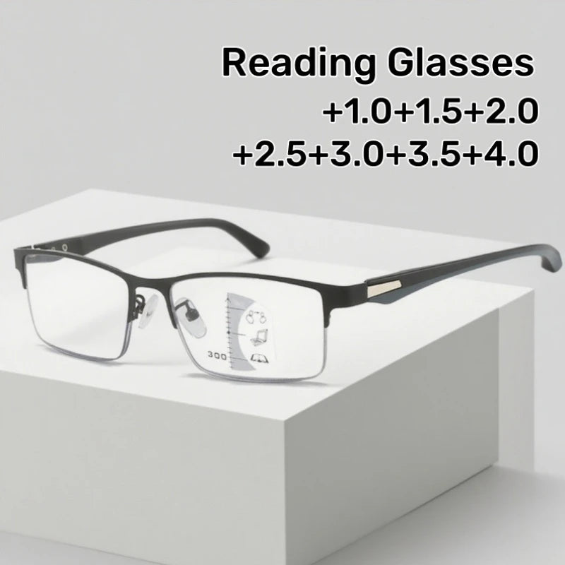 Men's Metal Half Frame Progressive Multifocal Presbyopia Glasses Square Large Frame Anti-blue Light Business Reading Glasses