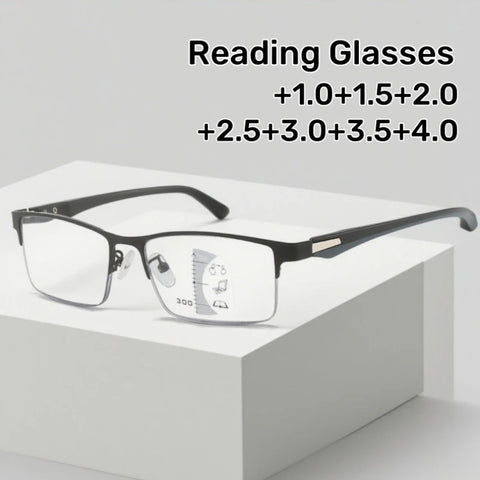 Men's Metal Half Frame Progressive Multifocal Presbyopia Glasses Square Large Frame Anti-blue Light Business Reading Glasses