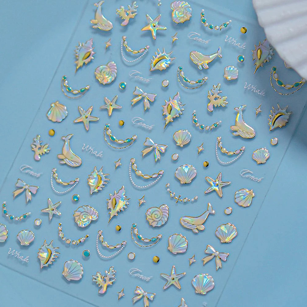 Shiny Gold Shell Starfish Conch Whale Sea Star Scallop Coral 5D Bowknot Adhesive Nail Art Sticker Summer Beach Manicure Decal