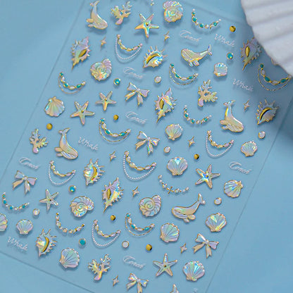 Shiny Gold Shell Starfish Conch Whale Sea Star Scallop Coral 5D Bowknot Adhesive Nail Art Sticker Summer Beach Manicure Decal