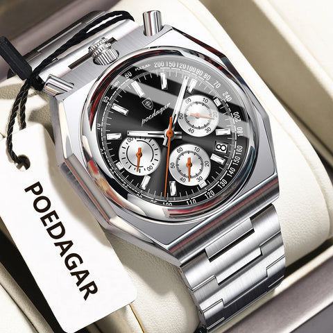 POEDAGAR Fashion Sports Male Watch Stainless Steel Chronograph Date Men Watch Luminous Waterproof Military Quartz Men's Watches