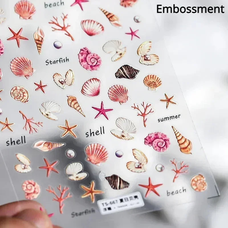 Shiny Gold Shell Starfish Conch Whale Sea Star Scallop Coral 5D Bowknot Adhesive Nail Art Sticker Summer Beach Manicure Decal