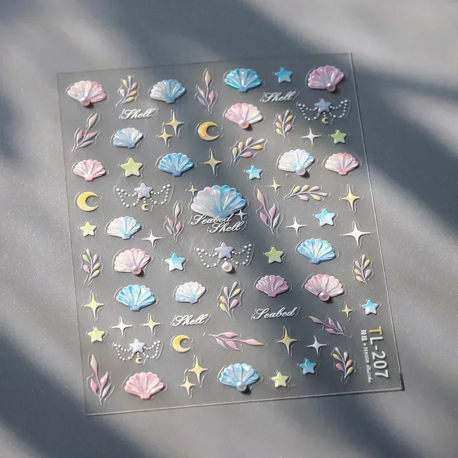 Shiny Gold Shell Starfish Conch Whale Sea Star Scallop Coral 5D Bowknot Adhesive Nail Art Sticker Summer Beach Manicure Decal