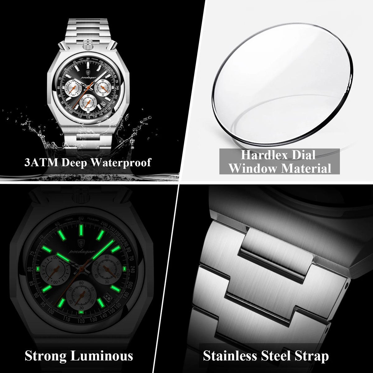POEDAGAR Fashion Sports Male Watch Stainless Steel Chronograph Date Men Watch Luminous Waterproof Military Quartz Men's Watches