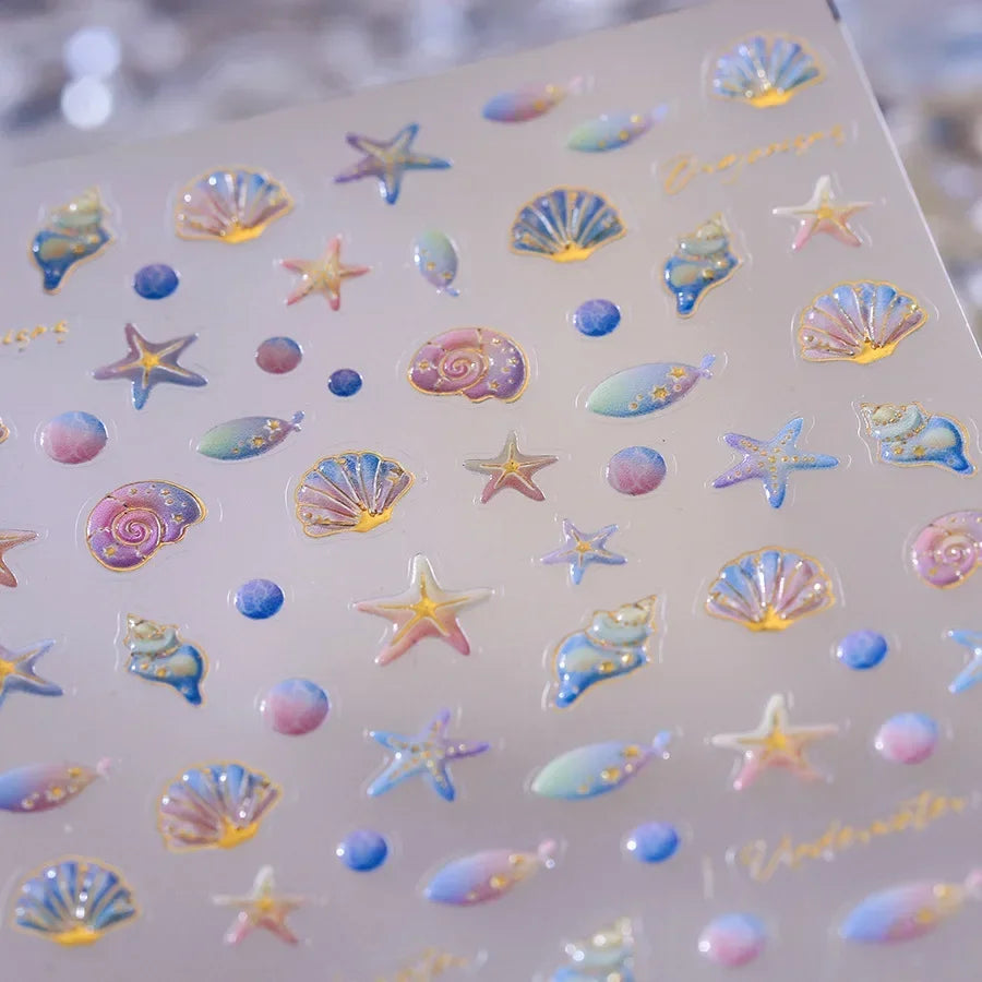Shiny Gold Shell Starfish Conch Whale Sea Star Scallop Coral 5D Bowknot Adhesive Nail Art Sticker Summer Beach Manicure Decal