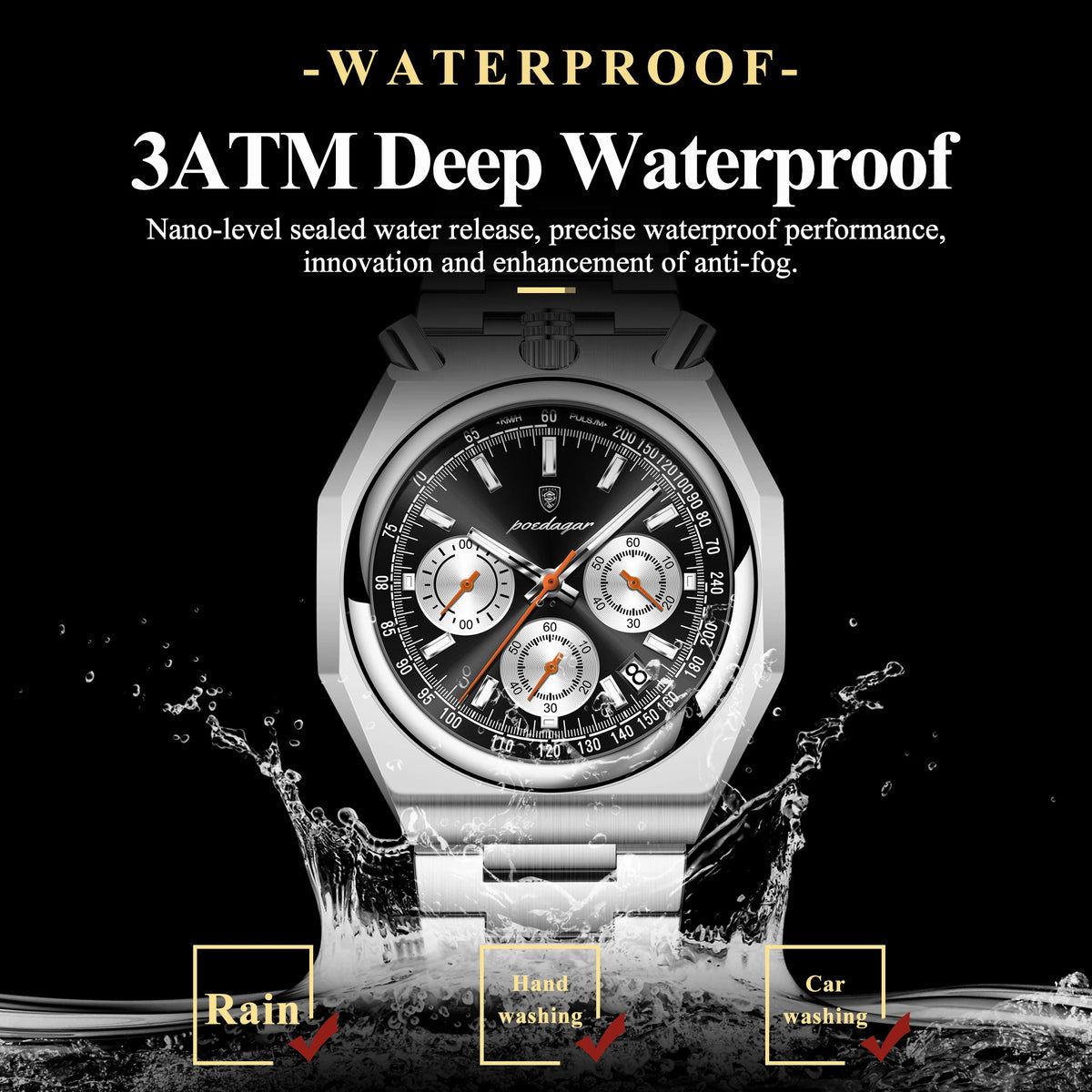 POEDAGAR Fashion Sports Male Watch Stainless Steel Chronograph Date Men Watch Luminous Waterproof Military Quartz Men's Watches