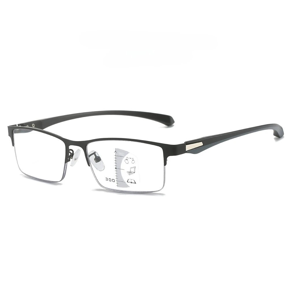 Men's Metal Half Frame Progressive Multifocal Presbyopia Glasses Square Large Frame Anti-blue Light Business Reading Glasses