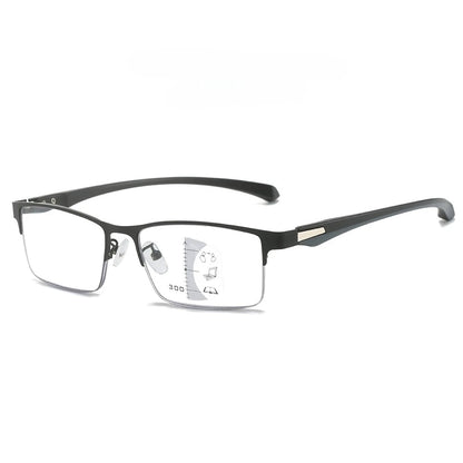 Men's Metal Half Frame Progressive Multifocal Presbyopia Glasses Square Large Frame Anti-blue Light Business Reading Glasses