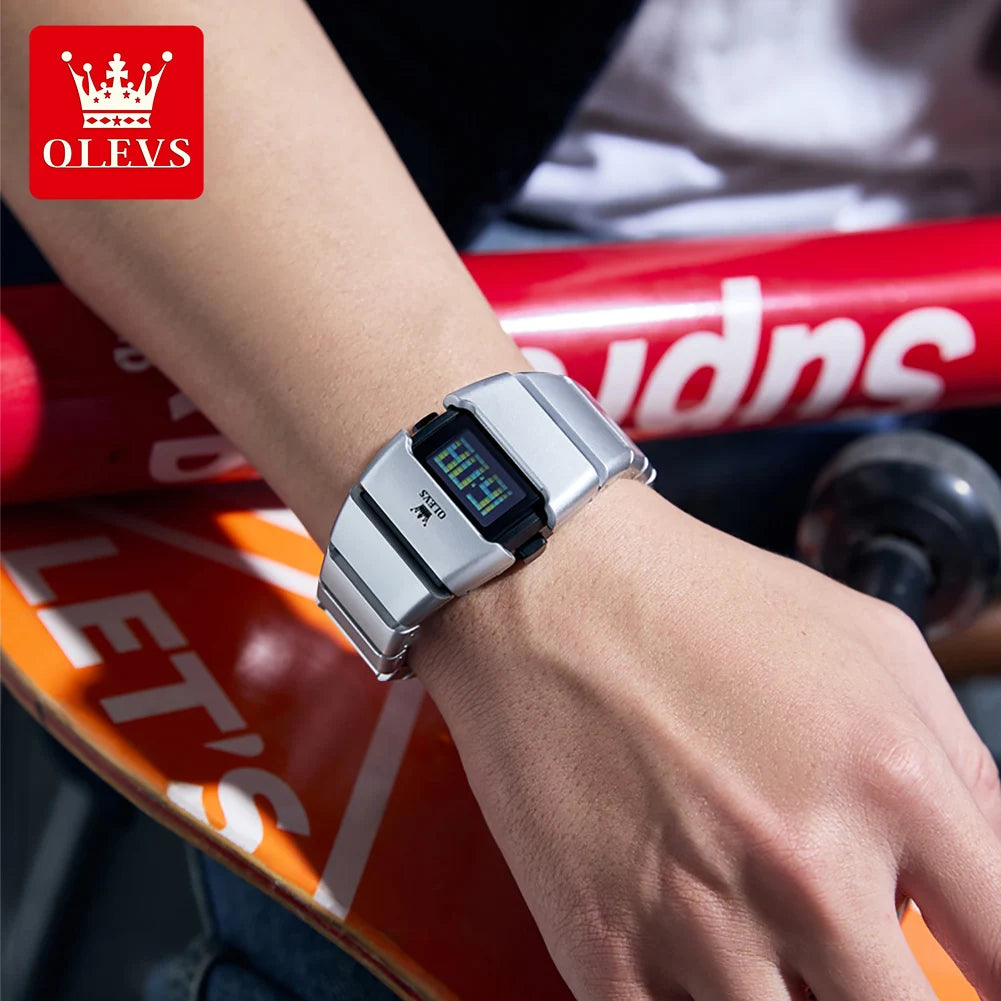 OLEVS Luxury Man Watch Personalized Tonneau Digital Quartz Watches for Men Original Electronic Movement Alarm Stopwatch New 1112