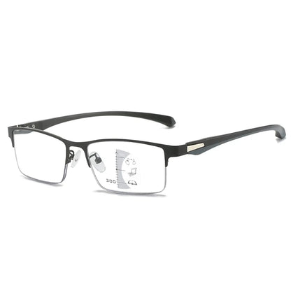 Men's Metal Half Frame Progressive Multifocal Presbyopia Glasses Square Large Frame Anti-blue Light Business Reading Glasses
