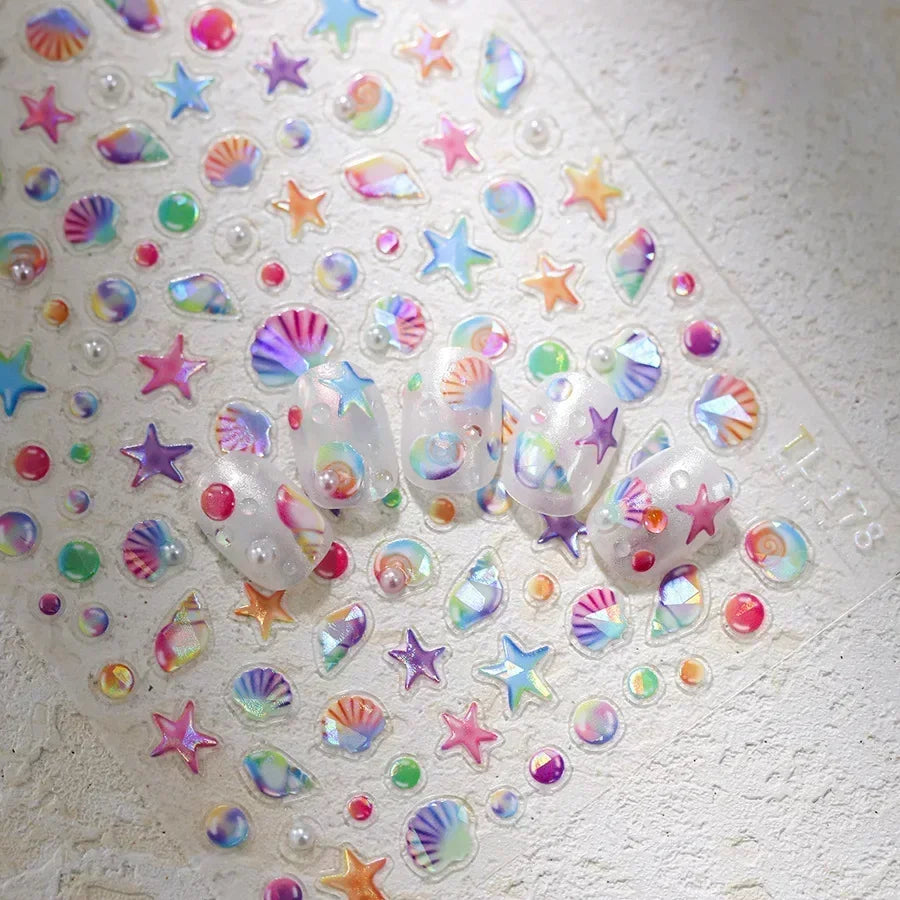 Shiny Gold Shell Starfish Conch Whale Sea Star Scallop Coral 5D Bowknot Adhesive Nail Art Sticker Summer Beach Manicure Decal