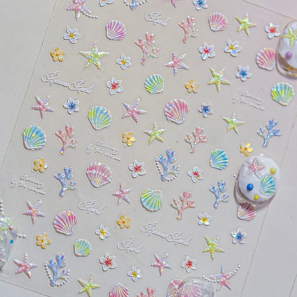 Shiny Gold Shell Starfish Conch Whale Sea Star Scallop Coral 5D Bowknot Adhesive Nail Art Sticker Summer Beach Manicure Decal