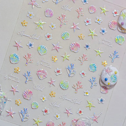 Shiny Gold Shell Starfish Conch Whale Sea Star Scallop Coral 5D Bowknot Adhesive Nail Art Sticker Summer Beach Manicure Decal