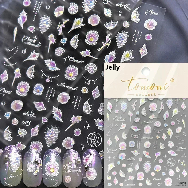 Shiny Gold Shell Starfish Conch Whale Sea Star Scallop Coral 5D Bowknot Adhesive Nail Art Sticker Summer Beach Manicure Decal