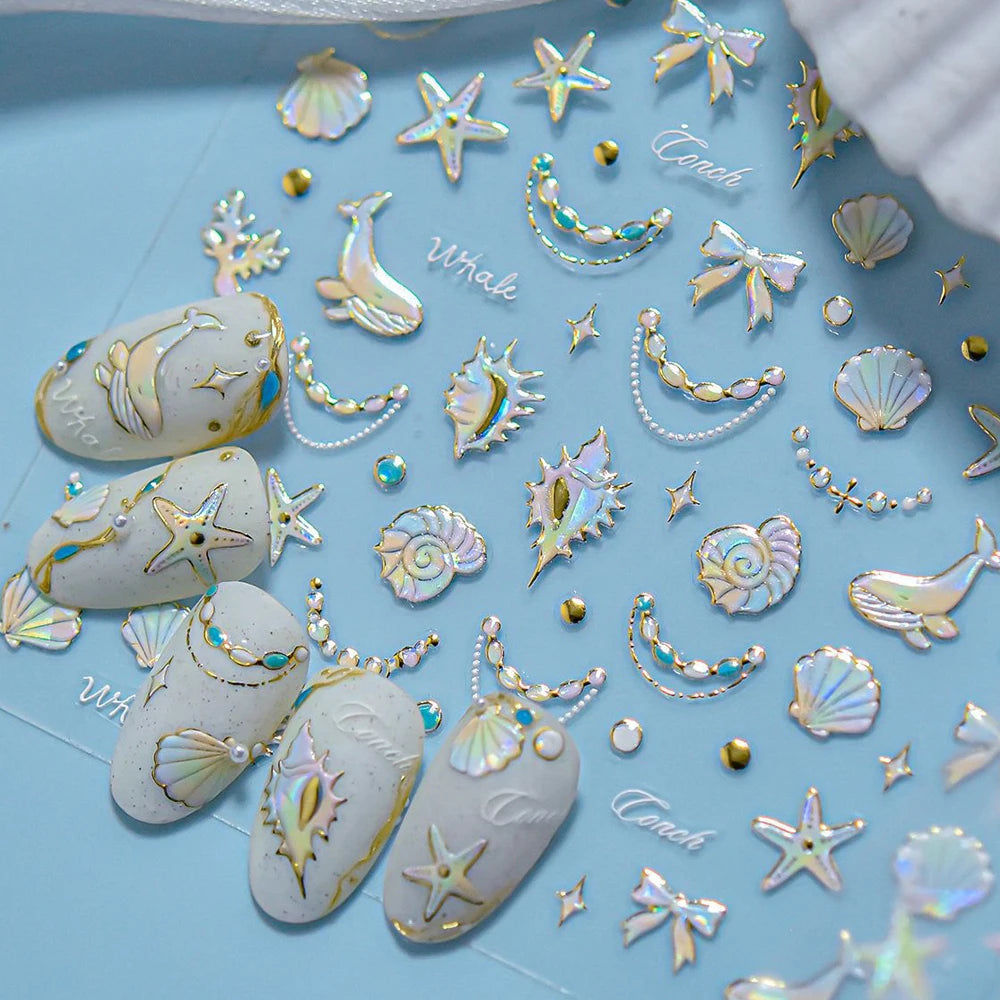 Shiny Gold Shell Starfish Conch Whale Sea Star Scallop Coral 5D Bowknot Adhesive Nail Art Sticker Summer Beach Manicure Decal