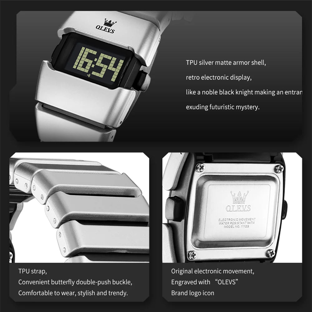 OLEVS Luxury Man Watch Personalized Tonneau Digital Quartz Watches for Men Original Electronic Movement Alarm Stopwatch New 1112