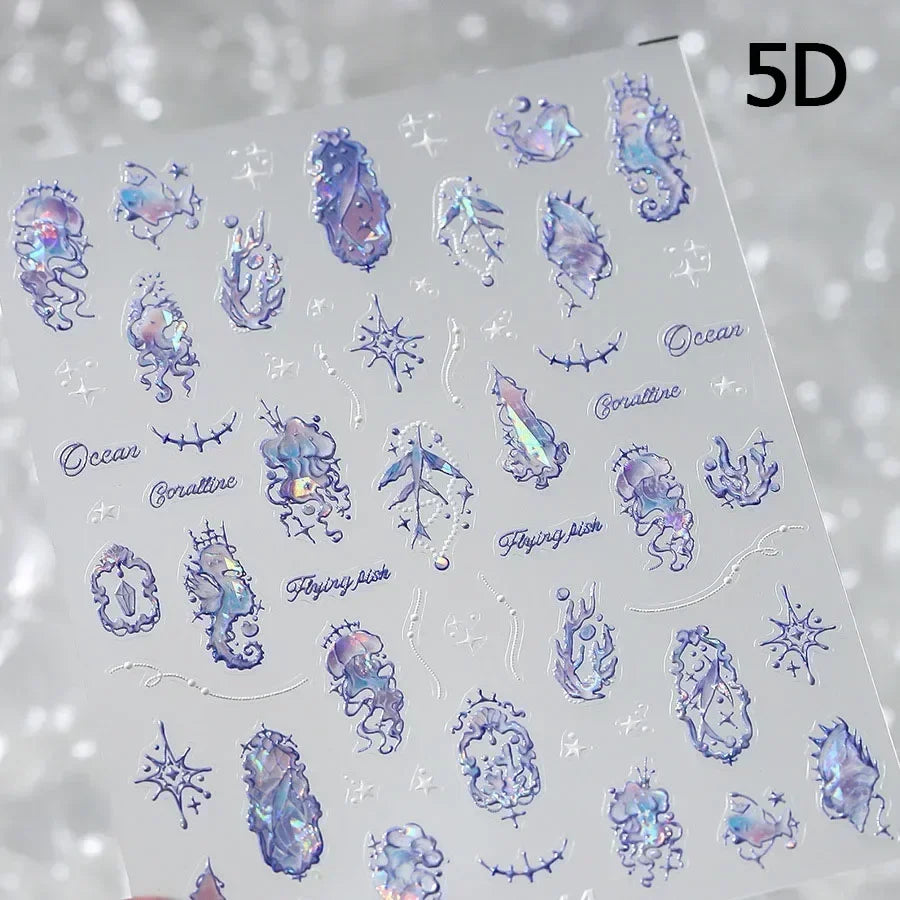 Shiny Gold Shell Starfish Conch Whale Sea Star Scallop Coral 5D Bowknot Adhesive Nail Art Sticker Summer Beach Manicure Decal