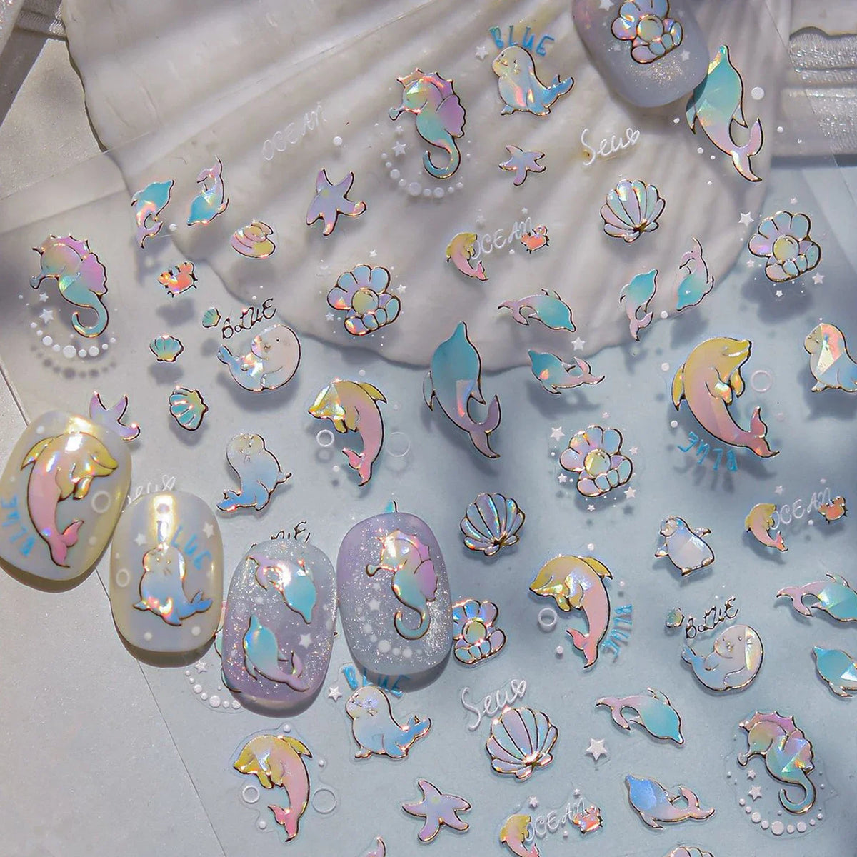 Shiny Gold Shell Starfish Conch Whale Sea Star Scallop Coral 5D Bowknot Adhesive Nail Art Sticker Summer Beach Manicure Decal