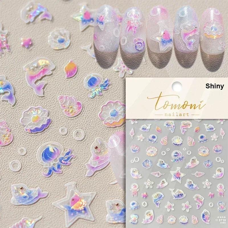 Shiny Gold Shell Starfish Conch Whale Sea Star Scallop Coral 5D Bowknot Adhesive Nail Art Sticker Summer Beach Manicure Decal