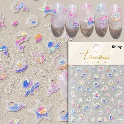 Shiny Gold Shell Starfish Conch Whale Sea Star Scallop Coral 5D Bowknot Adhesive Nail Art Sticker Summer Beach Manicure Decal