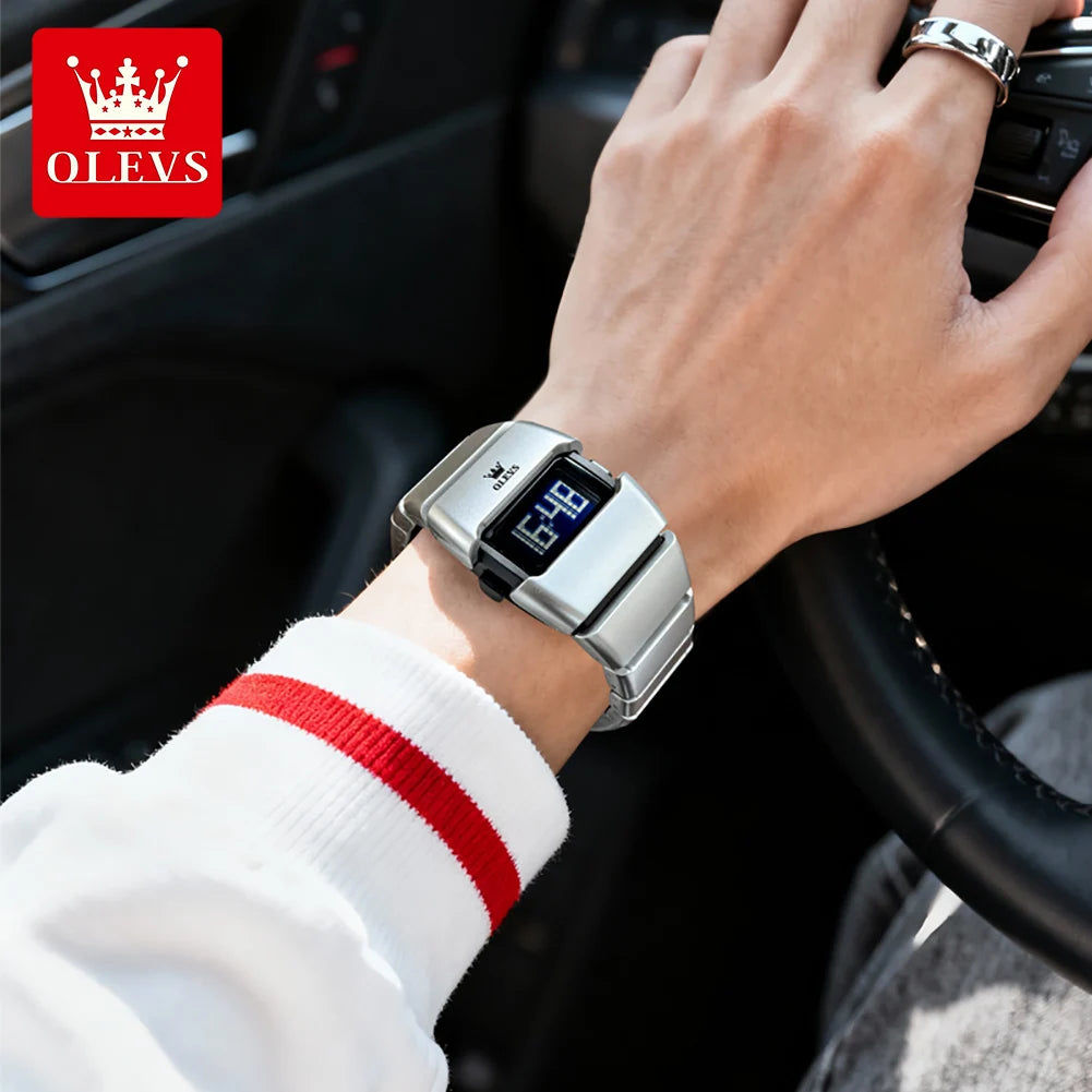 OLEVS Luxury Man Watch Personalized Tonneau Digital Quartz Watches for Men Original Electronic Movement Alarm Stopwatch New 1112