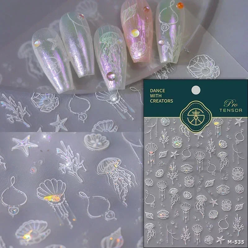 Shiny Gold Shell Starfish Conch Whale Sea Star Scallop Coral 5D Bowknot Adhesive Nail Art Sticker Summer Beach Manicure Decal