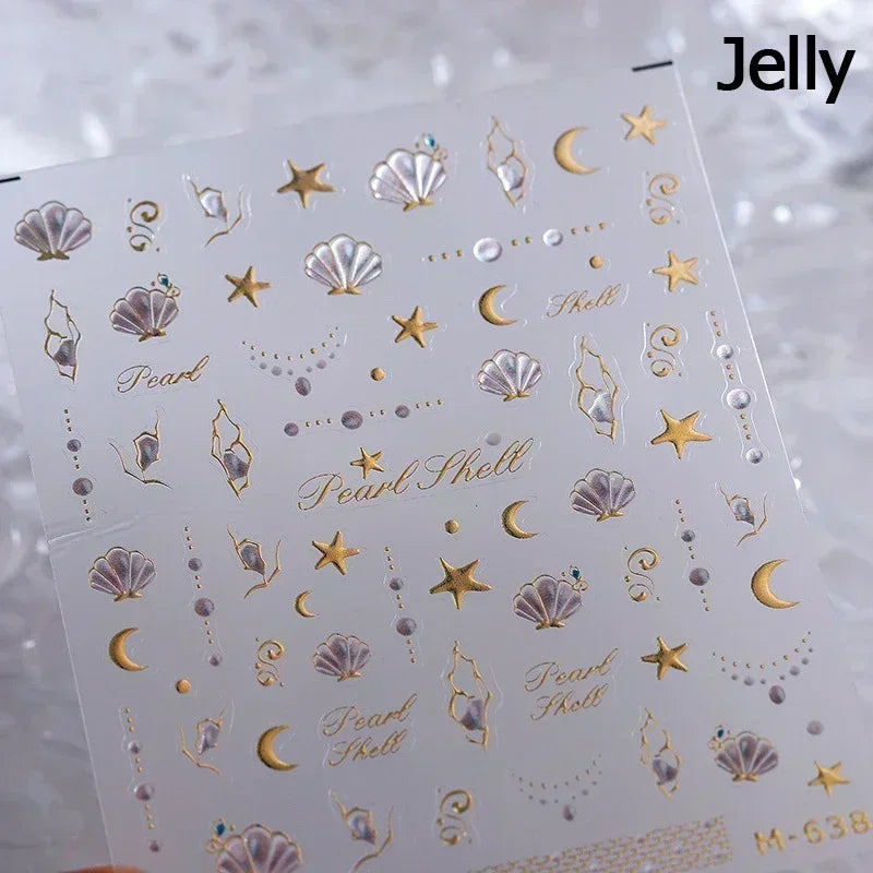 Shiny Gold Shell Starfish Conch Whale Sea Star Scallop Coral 5D Bowknot Adhesive Nail Art Sticker Summer Beach Manicure Decal